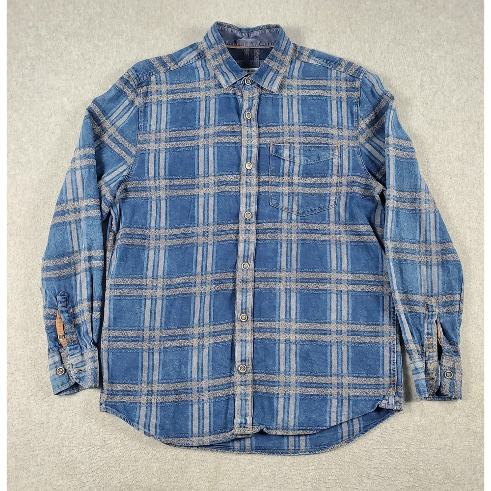 32 Bar Blues Shirt Men's Size Small Blue Gray Plaid Long Sleeve Cotton Button Up